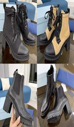 TBT Designer Plaque Boots Lace Up Platform Ankle Boot Women Nylon Real Leather Combat Boots High Heel Winter Boot 75cm 95cm With8139042