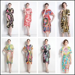 Women Boutique Printed Dress Short Sleeve Dress Summer Dress High-end Trend Lady Floral Dresses OL Runway Dresses