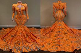 2021 Orange Mermaid Prom Dresses Long Sleeves Deep V Neck Sexy Sequined African Black Girls Fishtail Evening Wear Dress Plus Size7356491