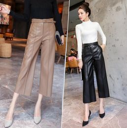 2019 Autumn Brand New Women PU Leather Pants Belted High Waist Faux Leather Ladies Trousers Winter Pants Wide Leg Pants Pantalon V3069799