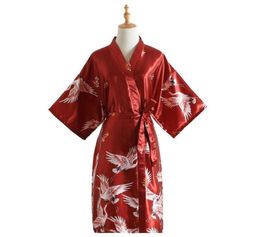 Female Bathrobe Sexy Print Cranes Kimono Bride Dressing gown sleepwear Night Grow For Women Fashion Satin Robe4060205