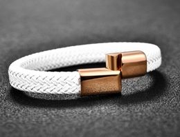 2021 Chic Braided Men Bracelet White Leather Bracelet Titanium Steel Clasp Male Jewellery Gold Rose Gold Silver Color6285493