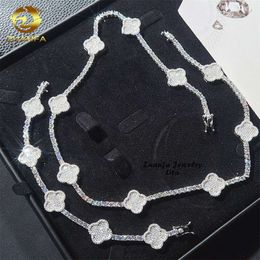 Hot Sale Popular Top Quality Hip Hop Sterling Sier 3Mm Moissanite Clover Tennis Chain Necklace