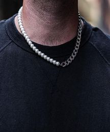 Plated Half 10mm miami cuban link chain and half 8mm pearls choker necklace for Men and Women in Stainless Steel2135074