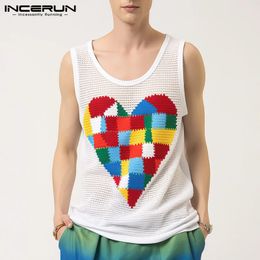 INCERUN Tops American Style Fashion Mens Colorful Heart Pattern Design Vests Casual Hollow Mesh Sleeveless Tank Tops S-5XL 240530