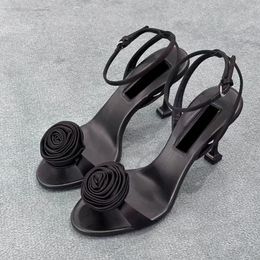 Luxury Slingback Heeled Black Flower Womens Sandals Designer Open Toe Stiletto High Heels Slip On Mules Vintage Office Metal Buckle Adjustable Dress Shoes