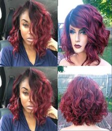 Ombre 99j Short bob wavy Body wave Human Lace Front Wig Glueless Natural Blackdark wine Virgin Hair Women Wigs Cut curly8636413