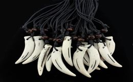 12 PCS Tribal Style Imitation Yak Bone Carving fake Wolf Tooth Amulet Pendant Wood Beads Necklace Whole MN1092141797