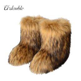 Boots Winter Fuzzy Boots Women Furry Shoes Fluffy Fur Snow Boots Plush lining Slip-on Rubber Flat Outdoor Bowtie Warm Ladies Footwear T240530