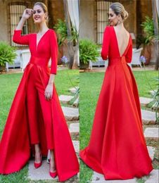 2019 Elegant Red Evening Gowns with Detachable Train Vneck Long Sleeves Backless Custom Jumpsuits Women Formal Prom Party Dress5114503