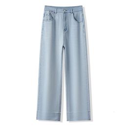 Nine point smoke pipe jeans for women in summer, thin and fashionable with flip cuffs design, original washed light blue straight leg pants