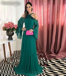 Sexy Dark Green Chiffon Evening Dresses Long Women Party Gowns Halter Sweep Train A Line Special Occasion Prom Dress Vestidos De F8338023