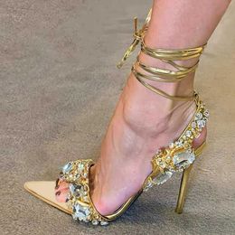 Sandals Liyke Sexy Ankle Strap Gold Sandals Womens Party Nightclub Stripping Shoes High Quality Crystal Diamond Corner Toe Wedding Shoes T240530