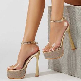 Sandals Summer Fashion Gold Silver Peep Toe Clear PVC Slingback Sandals Women Crystal Rhinestone Platform High Heels Wedding Prom Shoes T240530