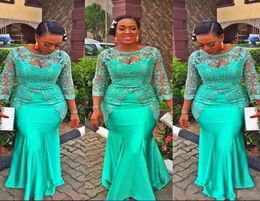 Charming Aso Ebi Green Long Sleeves Evening Dress Sheer Neck Lace Appliques Beads Mermaid Prom Dresses African Plus Size Party Dre5107276