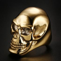 Rings Band Rings Punk Skeleton Skull Head Rings Male Golden Colour 14k Yellow Gold Big Rings For Men Gothic Punk Fashion Halloween Jewelr