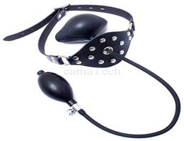 camaTech Leather Latex Inflatable Ball Gag Harness Oral Fixation Mouth Stuffed Mask Hood For Couples BDSM Restraints Bondage Toy Y3572243