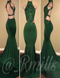 Emerald Green Mermaid Prom Dresses High Neck Lace Appliqued Backless Evening Party Gowns Nigerian African Evening Wear1655740