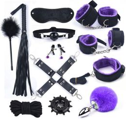 12 Pcs Set Nylon Plush Sex Toys For Adults Women Handcuffs Whip Mouth Gag Rope Erotic Bdsm Bondage With Metal Anal Tail Fox Y2015091593