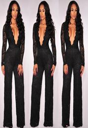 Whole 2016 Fashion Sexy Deep Vneck Black Clairvoyant Bodycon Jumpsuit Long Sleeve FullLength Lace Rompers Womens Jumpsuit C5639111