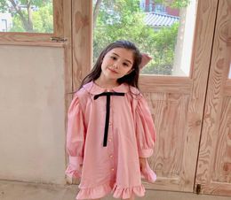 New arrive baby girl Autumn dress fashion kids girl pink Sweet outwear dresses toddler bow long dress Children039s party clothi3951941