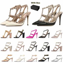 Mit Box Designer High Heels Damen Kleidschuhe Luxus Absatz Sandalen Kätzchen Plattform Sandle Weiß Silber Leder Rivet Peep-Toes Slingback Gold 6 8 10 cm Hochzeitsschuh