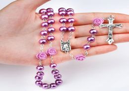 Heißverkauf Charme Halsketten lila Imitation Perle Rose Katholische Rosenkranz Halskette Religiöse Halskette Weihnachtsgeschenk4832719