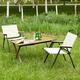 3-piece Folding Outdoor Table and two chairs Roll-up Square for Outdoor Camping Picnics Beach Backyard BBQ Patio Brown Beige Lightweight Aluminium