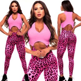 Yoga Outfit 2024 Pad Seperate Sport Bra Scrunch Pant Leopard One Piece Jumpsuits Women Bodycon Workout Legging Gym Active Wear Suits T240601