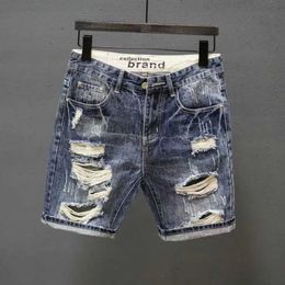 Men's Shorts Mens open front denim shorts fashionable summer ultra-thin shorts with Distressed open front design holes Korean short jeans mens J240531RLD3