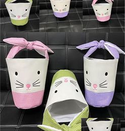 Storage Bags Easter Bunny Barrel Bucket Basket Plaidwork Cartoon Rabbit Ear Bowknot Canvas Tote Bag New Year Gifts Egg Candies Han4900541