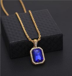 New Men Faux Red Ruby Stone Pendant Necklace with Iced Out Bling 24quot30quot Box Chain Sapphire Rock Hip Hop Jewelry6588505