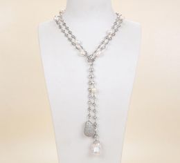 Gioielli Guaiguai White Keshi Pearl CZ Pave White Gold Ploted Collana lunga per donne gemme vere gemme Lady Lady Fashion Jewellery6778272
