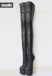 Black New 22CM Ultra High Heels LaceUp Platform Gold Metal Stiletto Heel Pointed Toe Over Knee Women Crotch High Boots Man dancin8800510