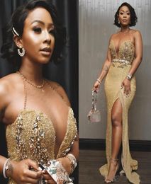 Aso Ebi Arabic Gold Mermaid Evening Dresses Beaded Crystals Prom Dresses High Split Formal Party Reception Gowns9910343