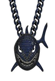 Cool Mens Hip Hop Necklace Gold Plated Ice Out Bling Blue CZ Shark Pendant with CZ Cuban Chain for Men Punk Jewellery Gift2285149