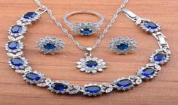 Earrings Necklace Silver Colour Jewellery Sets Bridal Wedding Jewelrry For Women Blue Cubic Zirconia Bracelet And Ring JS01522148922