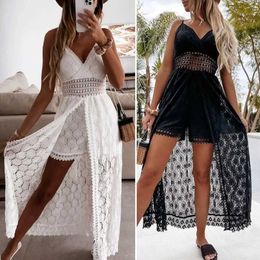 Basic Casual Dresses Summer popular long skirt white womens jumpsuit sexy shorts game suit lace hollow sleeveless vacation high waisted jumpsuit J240531