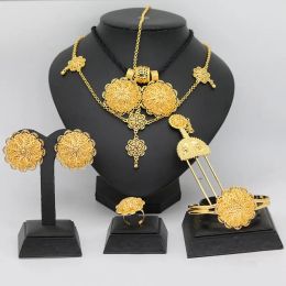 Necklace Earrings & Necklace 6pc 24k Gold Ethiopian Jewellery Sets For Women Dubai Habesha With Hairpin Head Chain African Bridal Wedding Gif