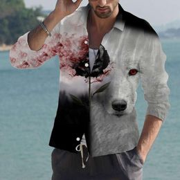 Men's T-Shirts Spring and Autumn Mens Shirt Long sleeved 3D Digital Printed Animal Series Polo Collar Mens Long sleeved Shirt