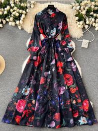 Casual Dresses Autumn Bohemian Flower Robe Dress Women's Linen Clothing Stand Collar Long Lantern Sleeve Lace Up Buttons Print Maxi Vestidos