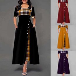 Work Dresses Women Plaid Print Maxi Dresses Elegant Vintage Half Sleeve A-line Party Long Dress Fashion Boho Style O-Neck Patchwork Lady Robe z240603