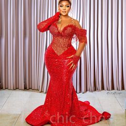 2024 Aso Ebi Special Link Mermaid Prom Dress Beaded Crystals Evening Formal Party Second Reception Birthday Engagement Gowns Dresses Robe De Soiree ZJ414