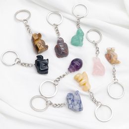 Natural Stone 1 Inch Carving Animal Key Rings Dog Cat Dinosaur Tortoise Healing Crystal Car Bag Decor Keychain Keyholder