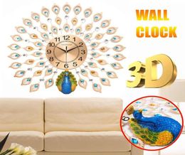 Large 3D Diamond Crystal Quartz Peacock Wall Clocks Watch European Modern Design for Home Living Room Decor Silent Wall Clock9826307