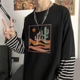 Men's T Shirts Abstract Art Korean Version Women's Hip Hop Vintage Aesthetic Tops Tees Long Sleeve Patchwork Striped Unisex Shirt