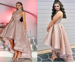 Hi Lo Rose Gold Prom Dresses Ball Gown High Neck Ruched Asymmetrical Skirt Party Dress Elegant Formal Evening Dress vestido de nov3490240