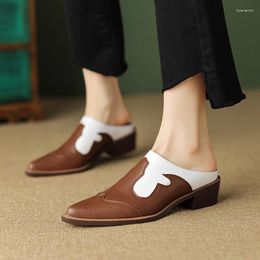 Slippers Summer Shoes Women Covered Toe Chunky Heel Mules Split Leather For Sandals Handmade