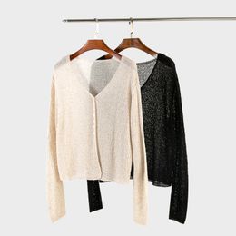 Knitted cardigan sweater, new Korean style solid color V-neck long sleeved women's top for spring and summer