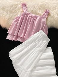 Work Dresses National Style Pink Sweet Strap Tank Top High Waist White Long Skirt Set Summer Beach Two Piece Women Outfits